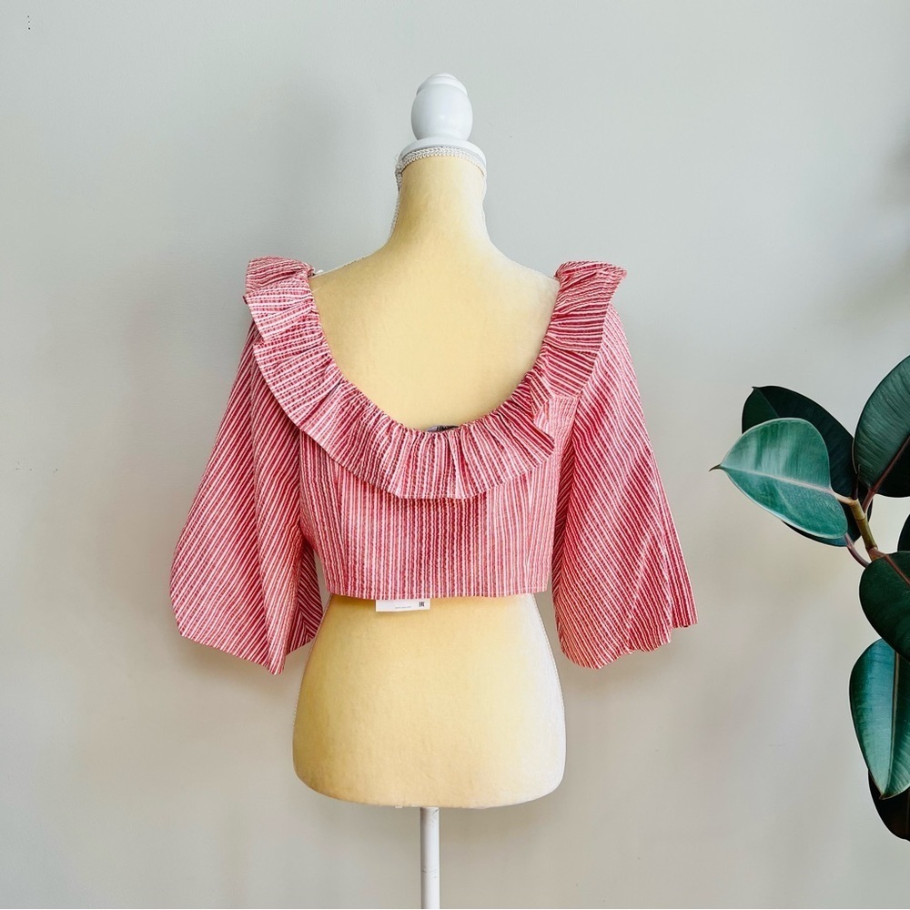 Zara Contrasting Striped Crop Top With Ruffles - Picture 6 of 9